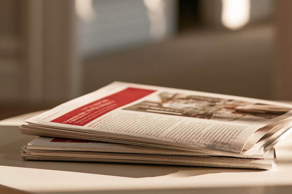 A printed direct mail newsletter lying on a table
